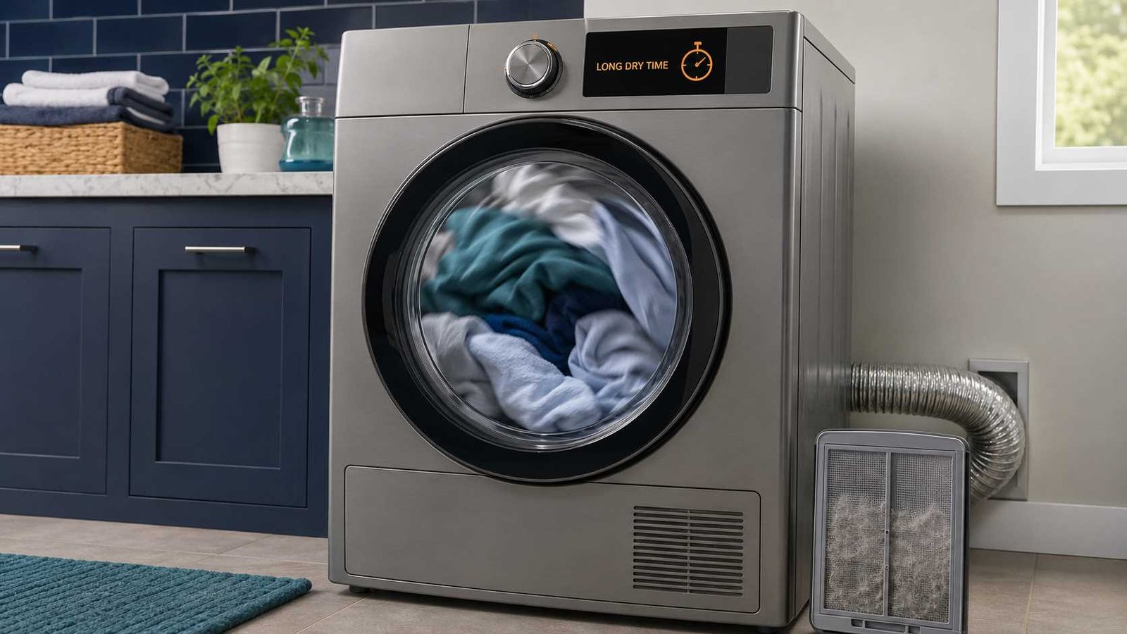 Dryer with damp clothes, lint buildup and restricted vent airflow