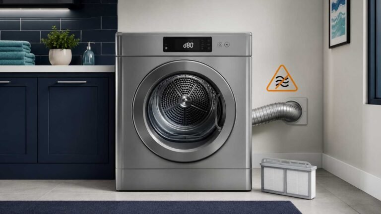 Front-loading dryer displaying d80 beside a restricted exhaust hose