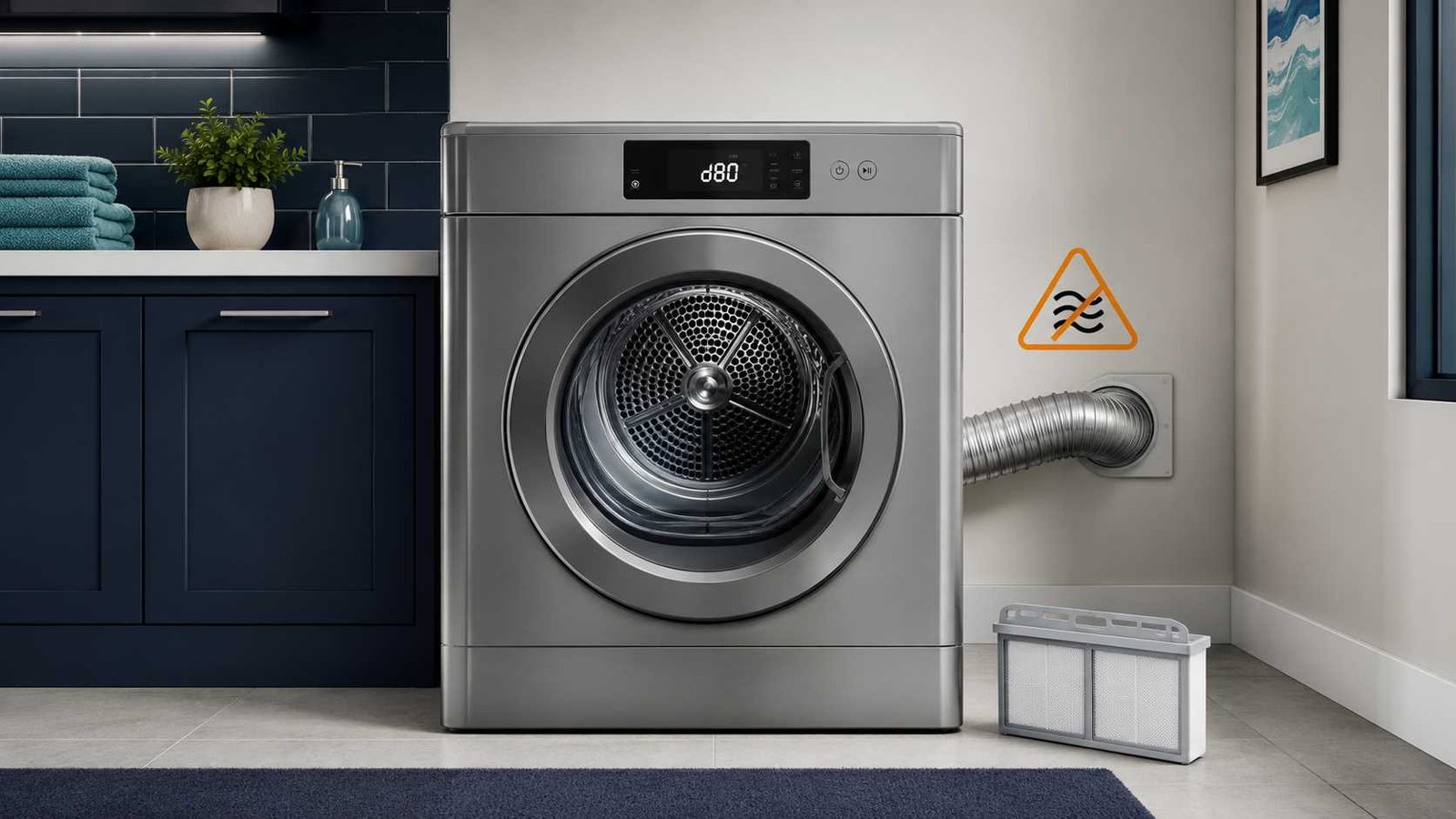 Front-loading dryer displaying d80 beside a restricted exhaust hose