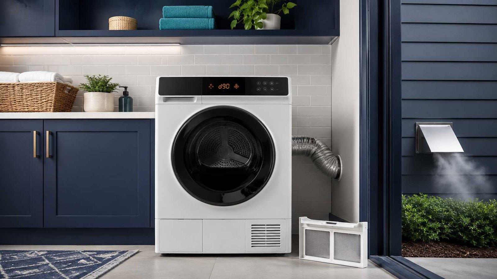 Front-loading dryer displaying d90 with a restricted exhaust vent