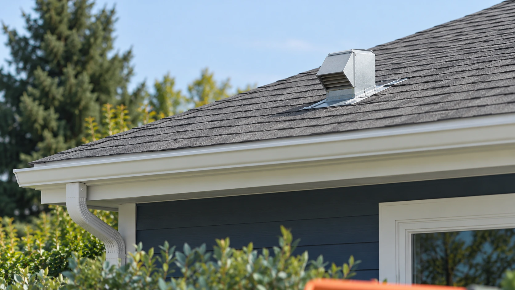 Metal exhaust termination on a low-pitched shingle roof photographed from ground level