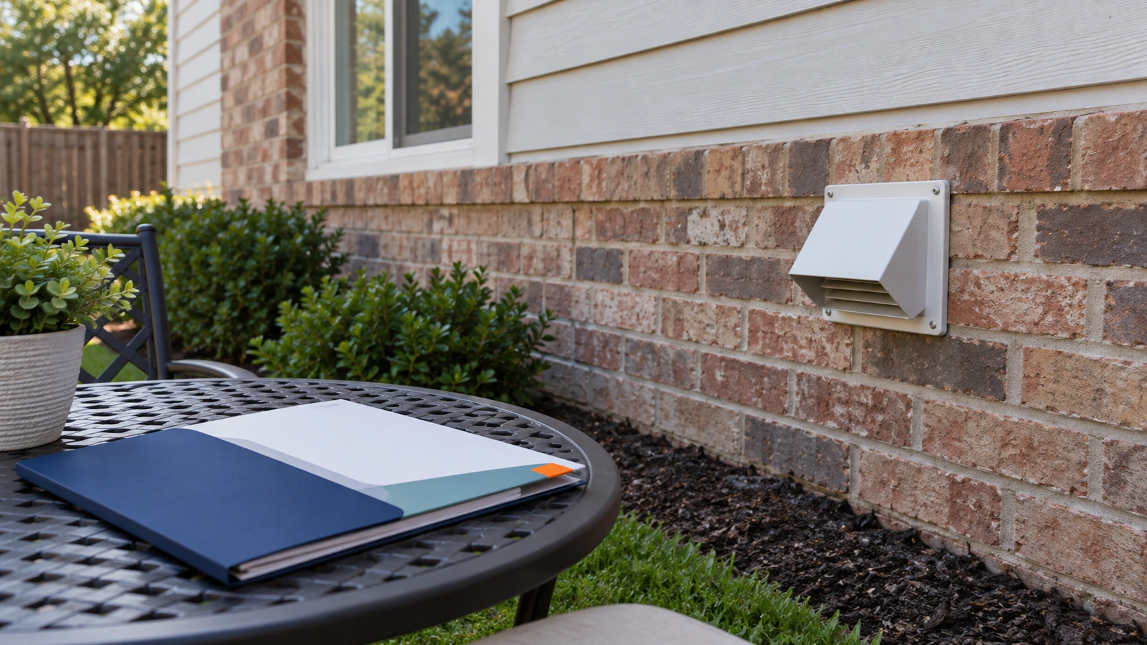 Low dryer exhaust hood on a house wall beside a patio table holding a plain quotation folder