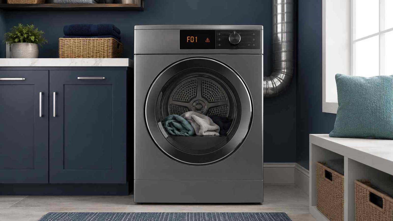 Alt text: Front-loading dryer display showing an F01 electronic control error