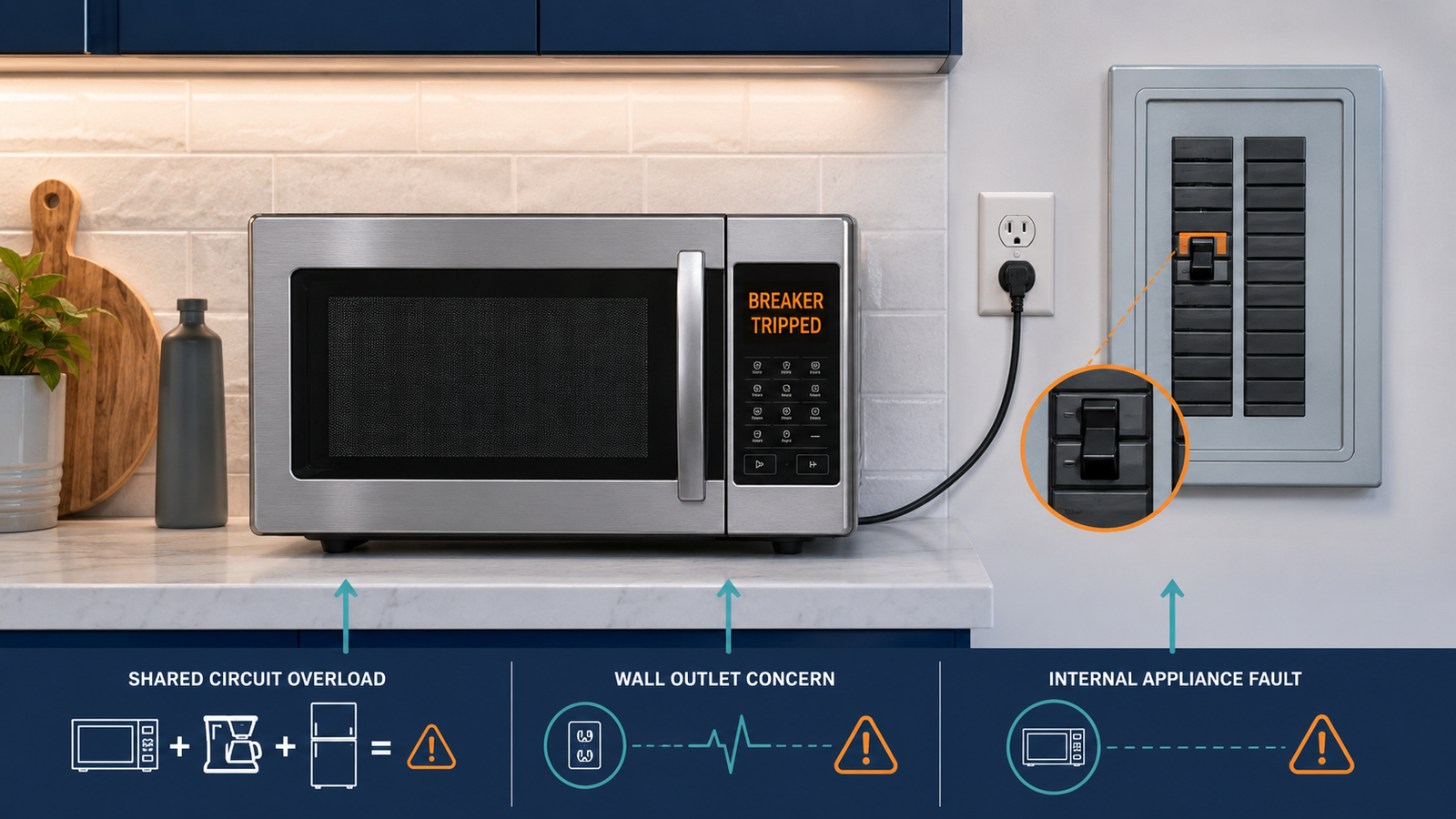 Microwave beside an electrical panel with a tripped circuit breaker