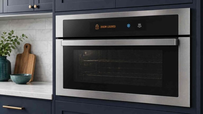 Built-in oven displaying a locked-door warning on its control panel