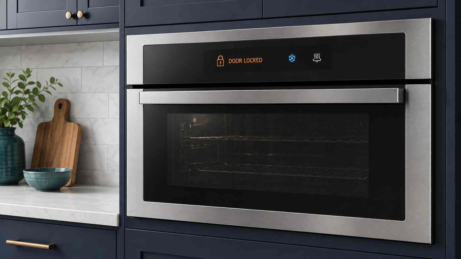 Built-in oven displaying a locked-door warning on its control panel