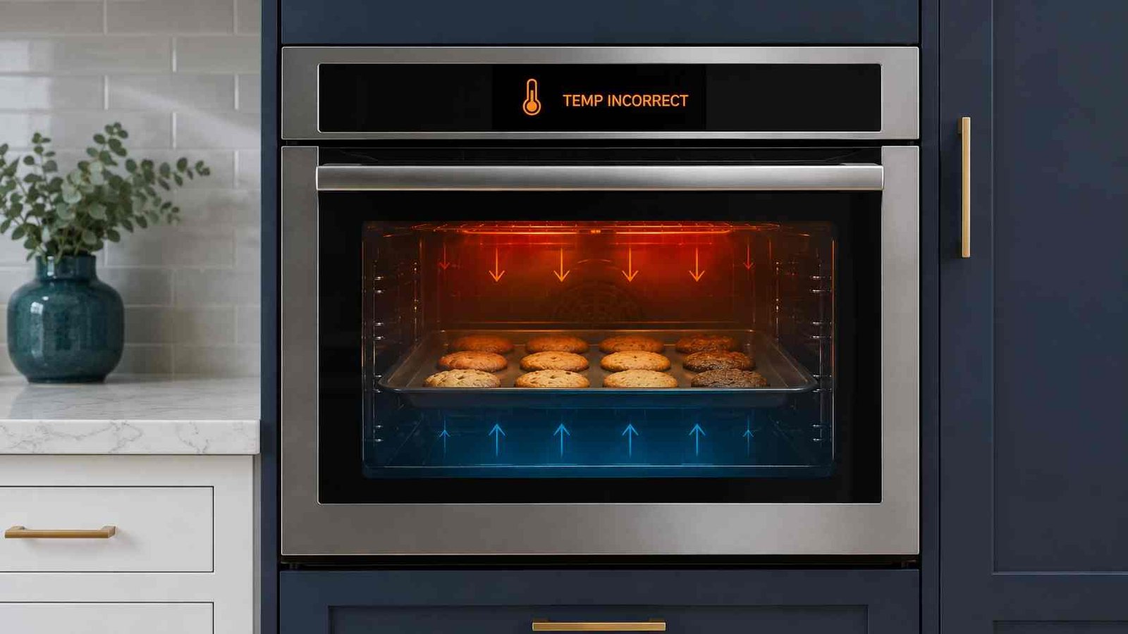 Modern oven showing an incorrect temperature warning in a clean kitchen