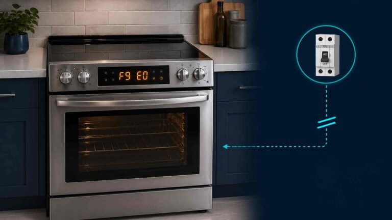Electric oven display showing F9 E0 power wiring error