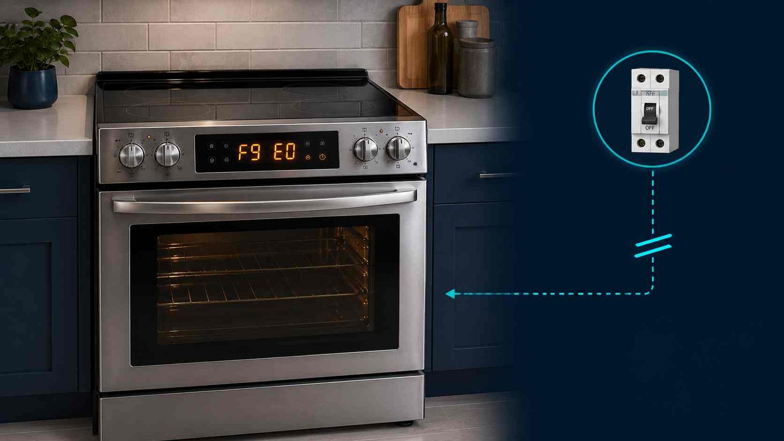 Electric oven display showing F9 E0 power wiring error