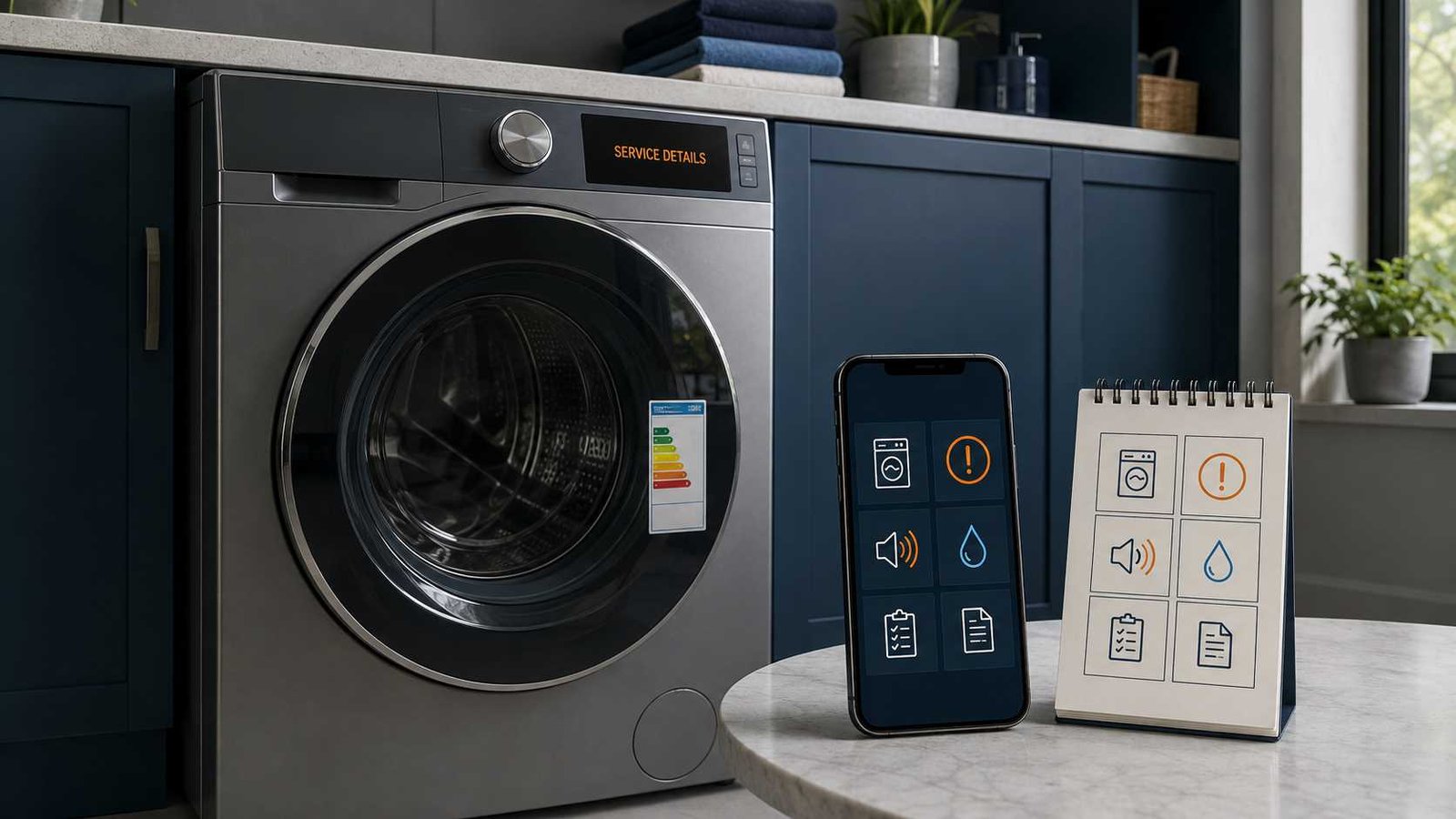 Washer with service details prepared for an appliance technician