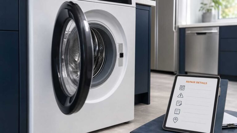 Appliance repair information checklist beside a modern washing machine