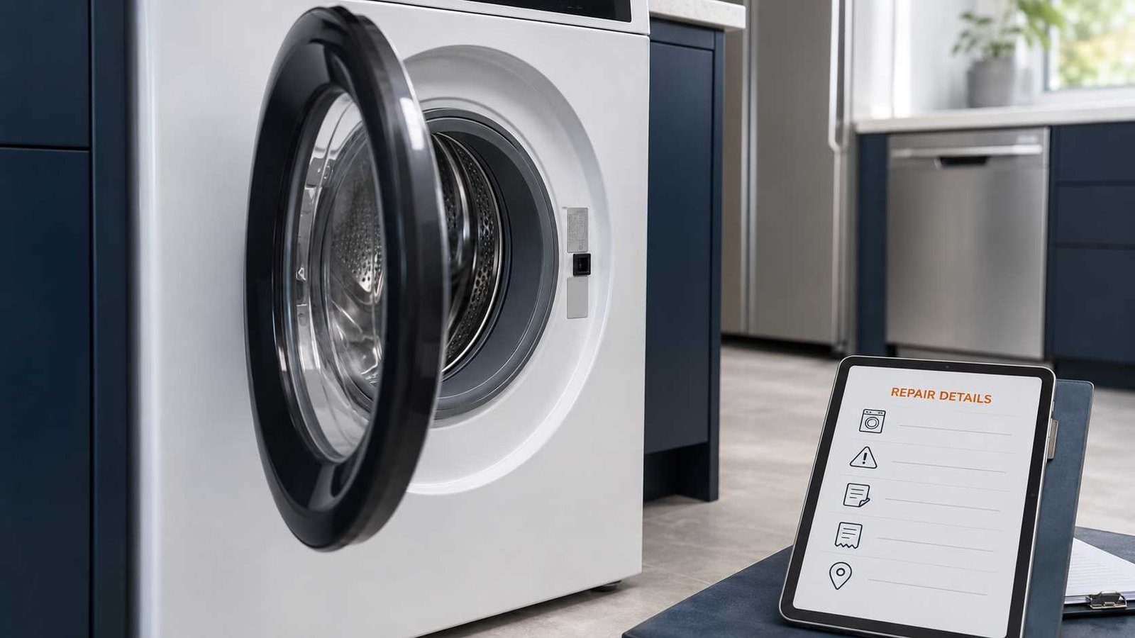 Appliance repair information checklist beside a modern washing machine