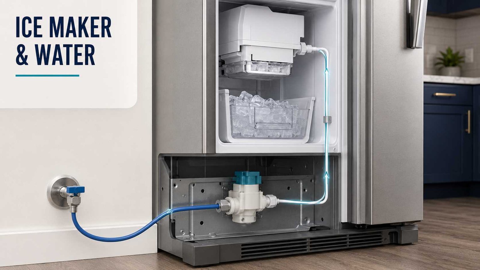 Refrigerator ice maker connected to its internal water supply system