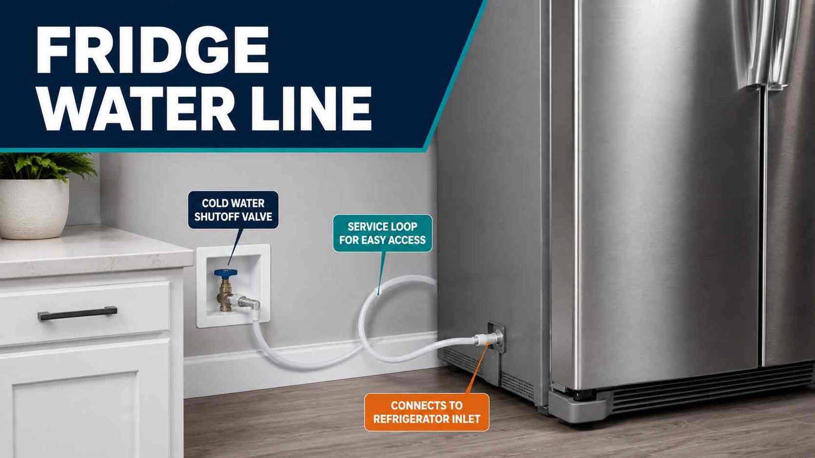 Refrigerator water line routed from shutoff valve to fridge