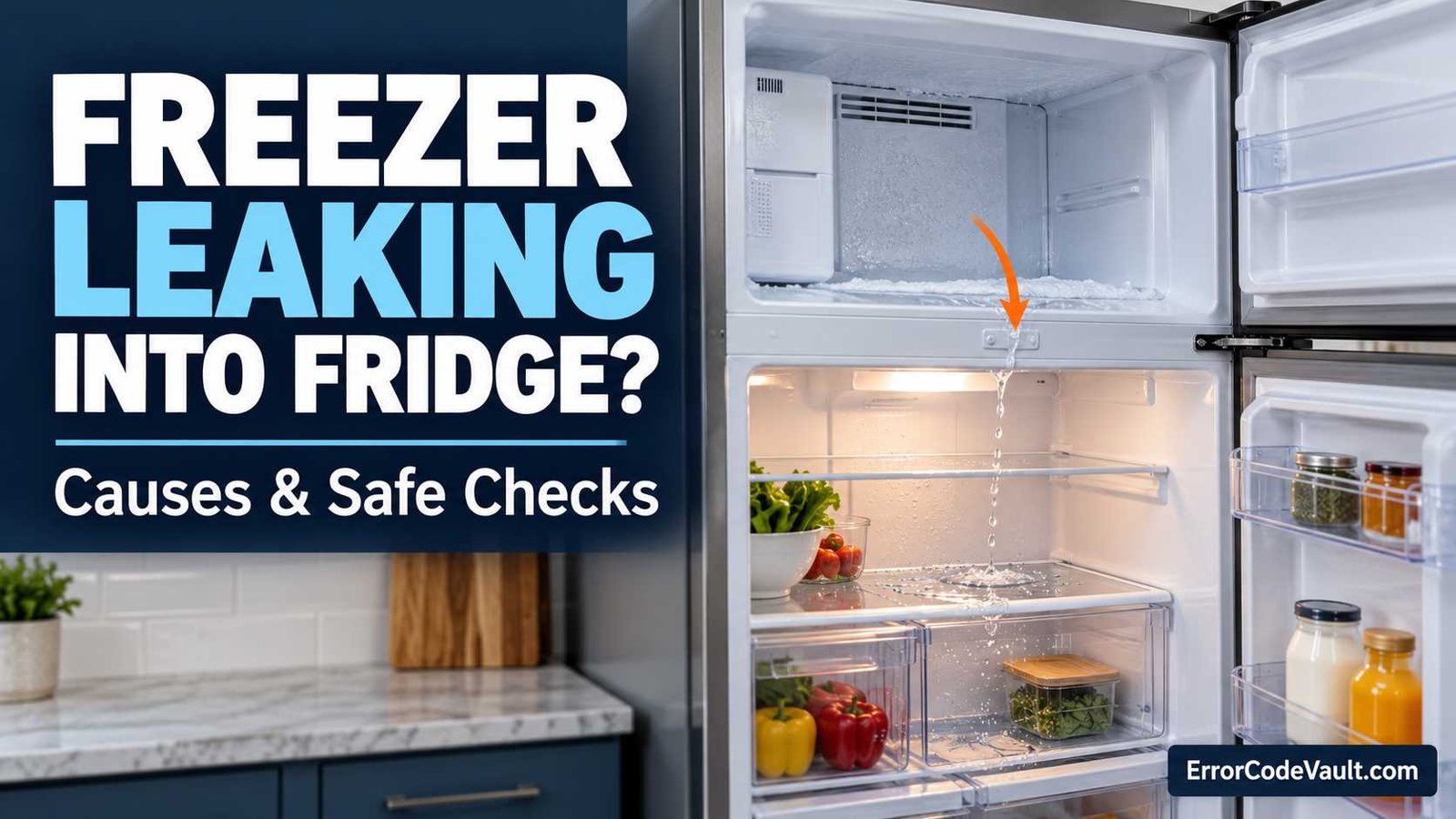Water leaking from upper freezer into refrigerator with puddles beneath the shelves.