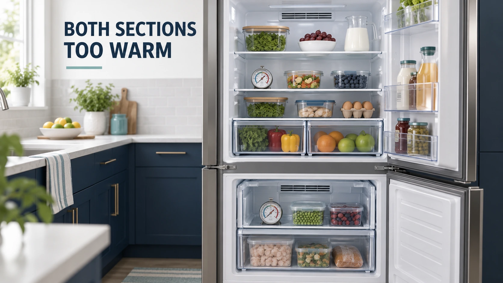 Open fridge-freezer with separate appliance thermometers on shelves in both compartments.