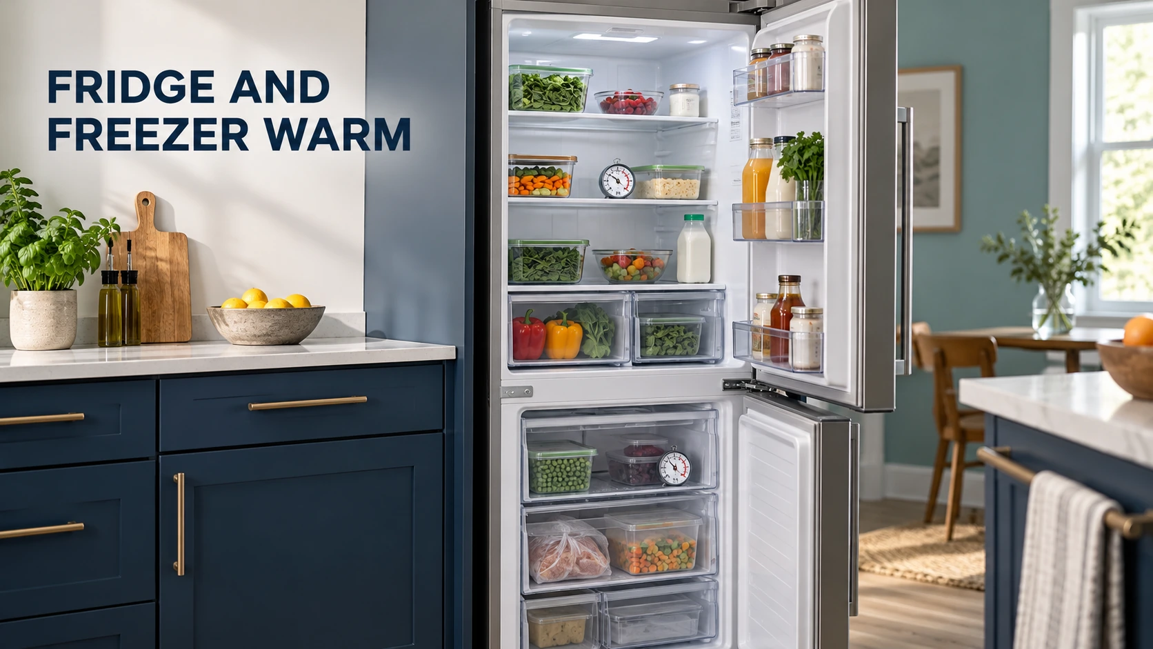 Open refrigerator and freezer compartments with separate thermometers, clean door seals and clear shelf vents.