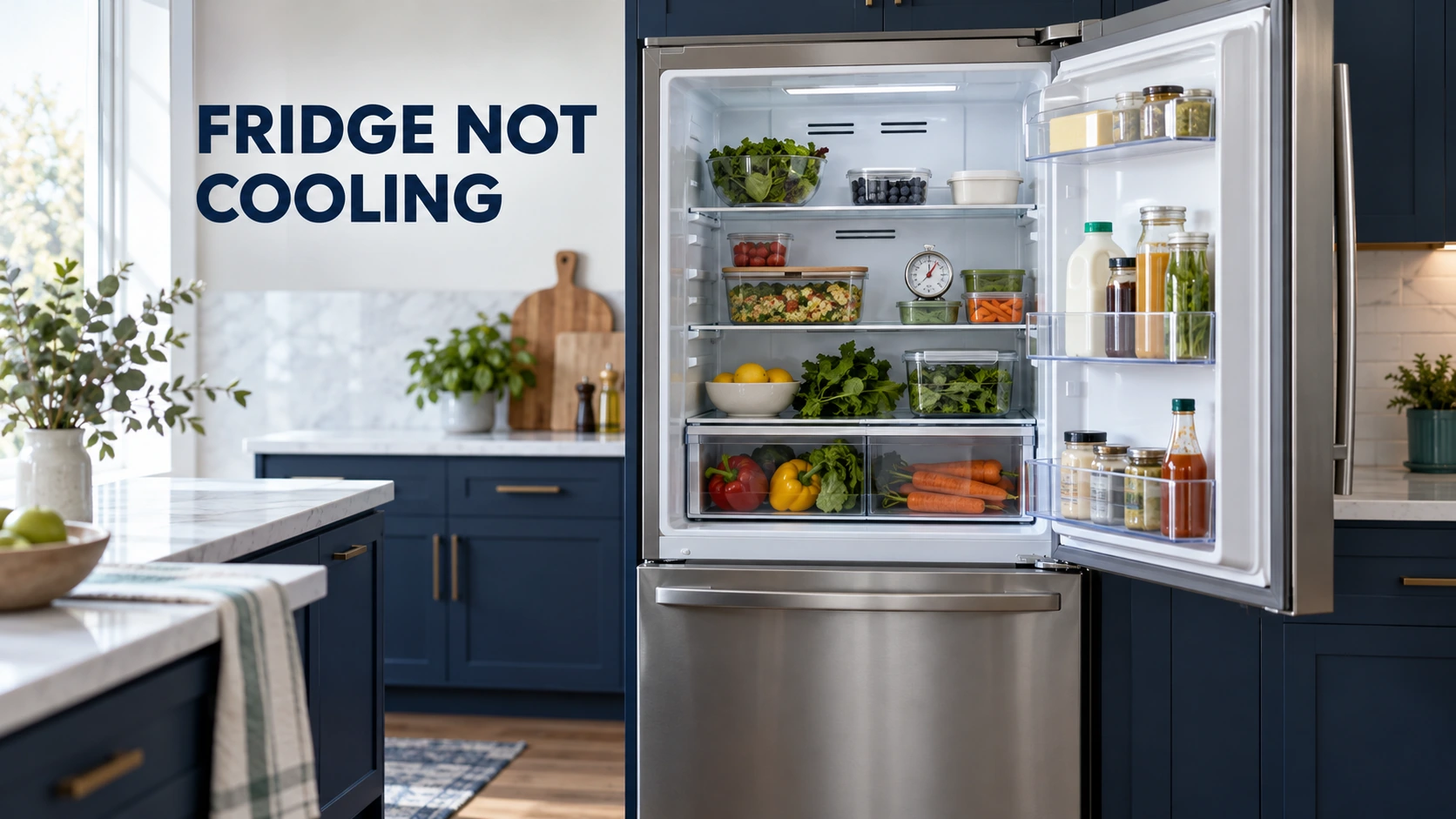 Open stainless-steel refrigerator with a shelf thermometer, clear air vents and intact door seal.