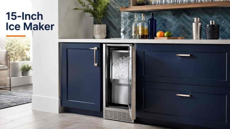 15-inch undercounter ice maker installed beneath modern kitchen cabinetry