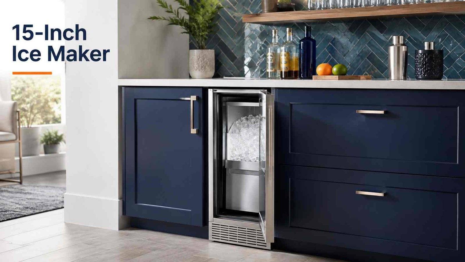 15-inch undercounter ice maker installed beneath modern kitchen cabinetry