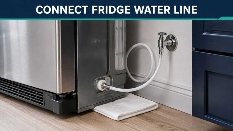 Alt text: Refrigerator water line connected to a cold-water shutoff valve