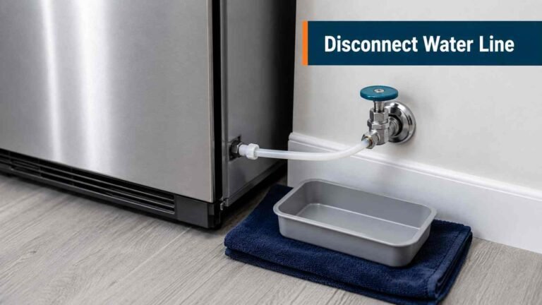 Refrigerator water line and shutoff valve ready for safe disconnection