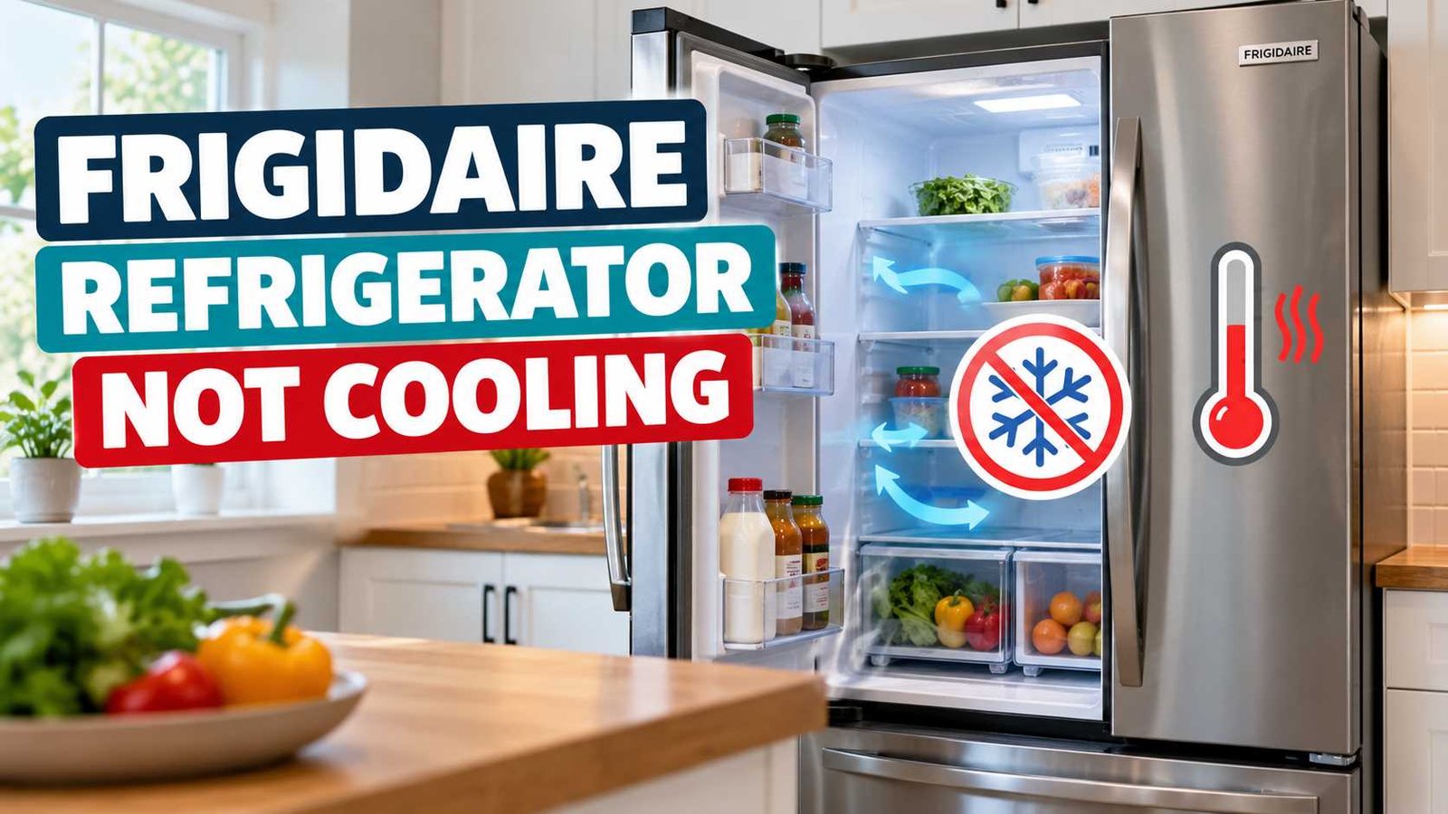 Open Frigidaire refrigerator with food inside and illustrated temperature warning symbols.