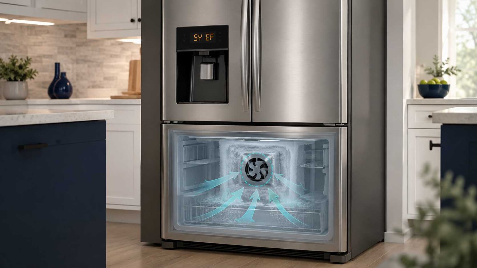 Refrigerator display showing SY EF evaporator fan error