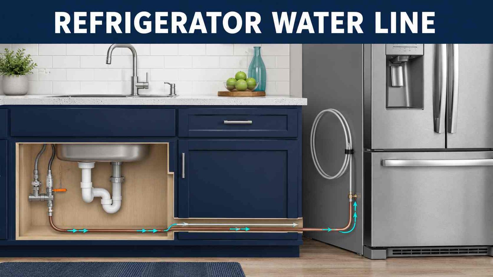 Refrigerator water line routed from a cold-water supply through kitchen cabinets