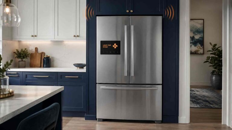 Modern refrigerator showing a loud internal fan noise warning