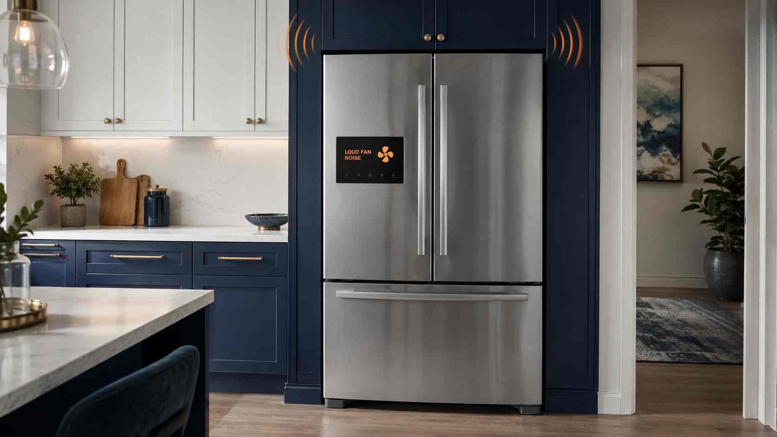 Modern refrigerator showing a loud internal fan noise warning