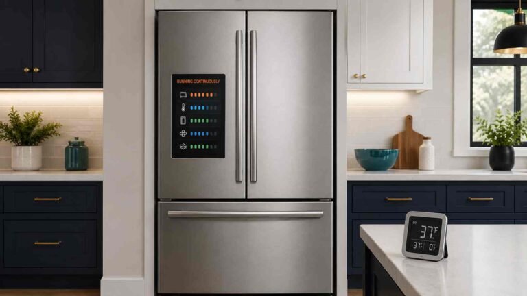 Alt Text: Modern refrigerator display showing continuous operation in a clean kitchen