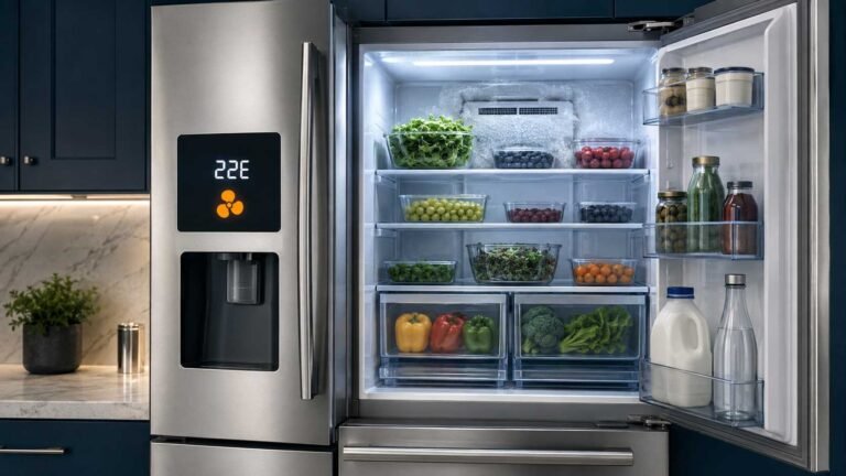 Refrigerator display showing 22E with frost near the rear vent