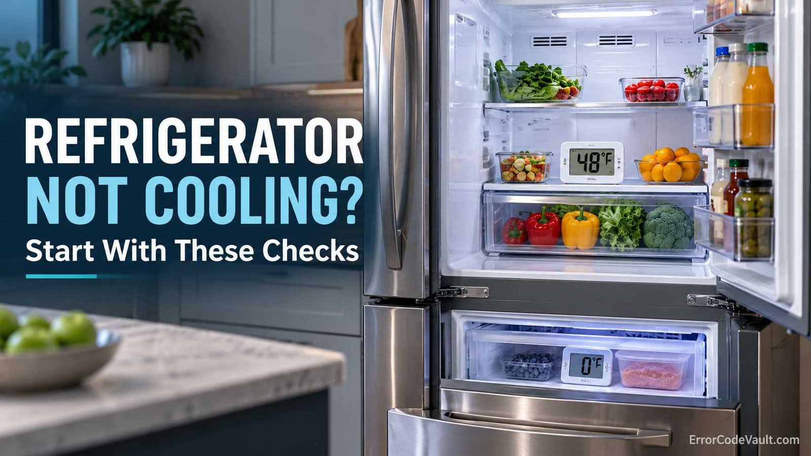 Open refrigerator with thermometer showing a warm fridge compartment during cooling troubleshooting