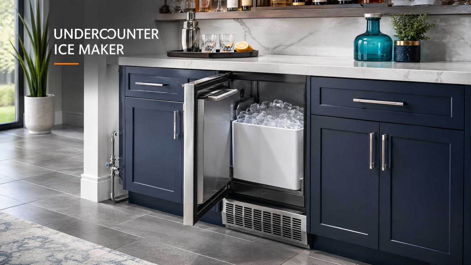 Built-in undercounter ice maker installed flush in modern kitchen cabinetry