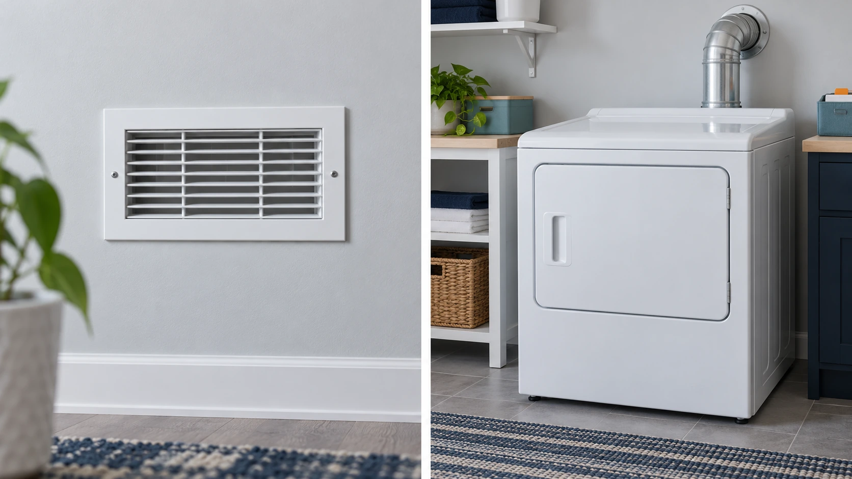 Separate views of an HVAC wall register and a closed dryer with an intact metal exhaust connection