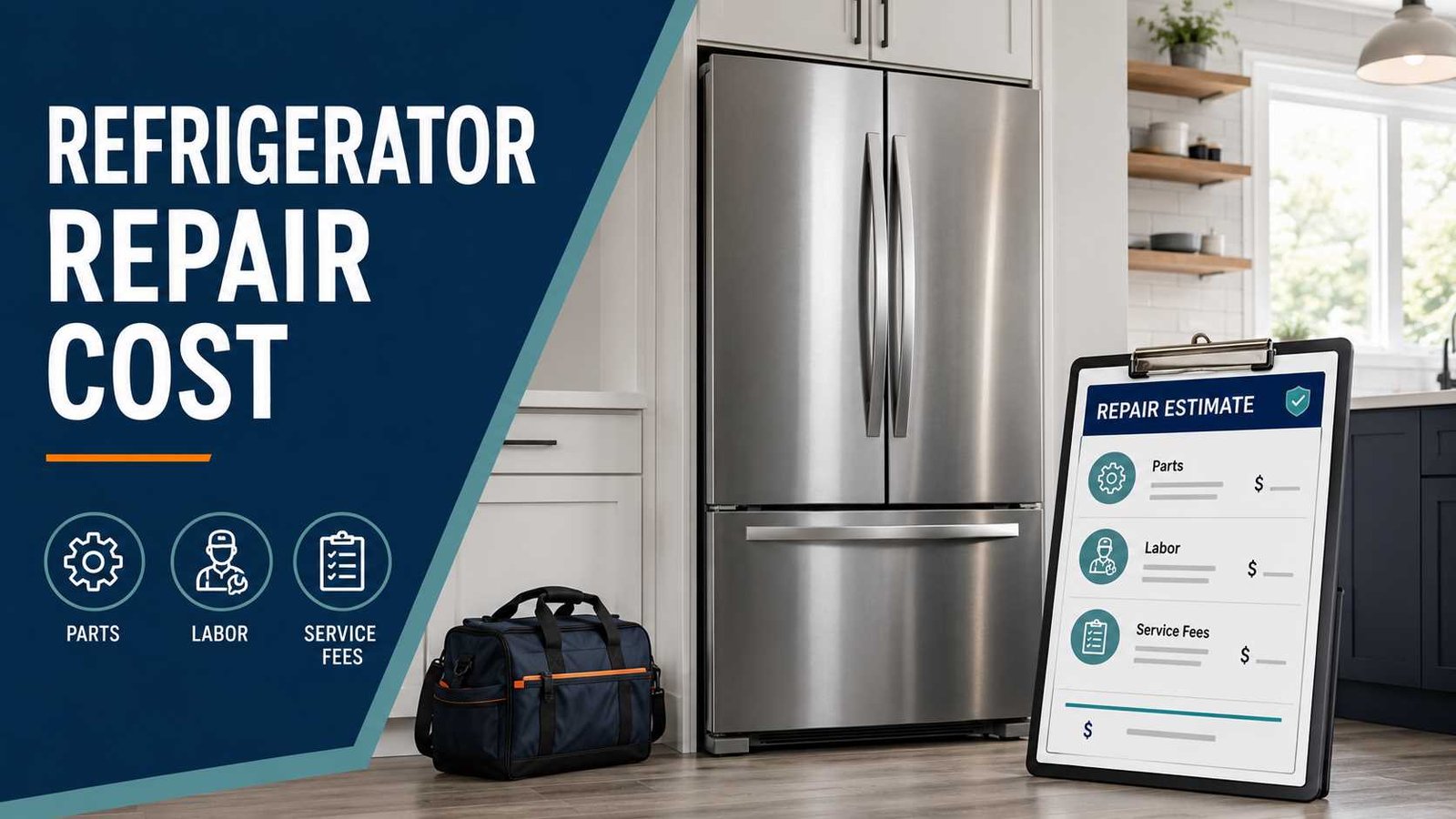 Modern refrigerator beside a generic professional repair cost estimate