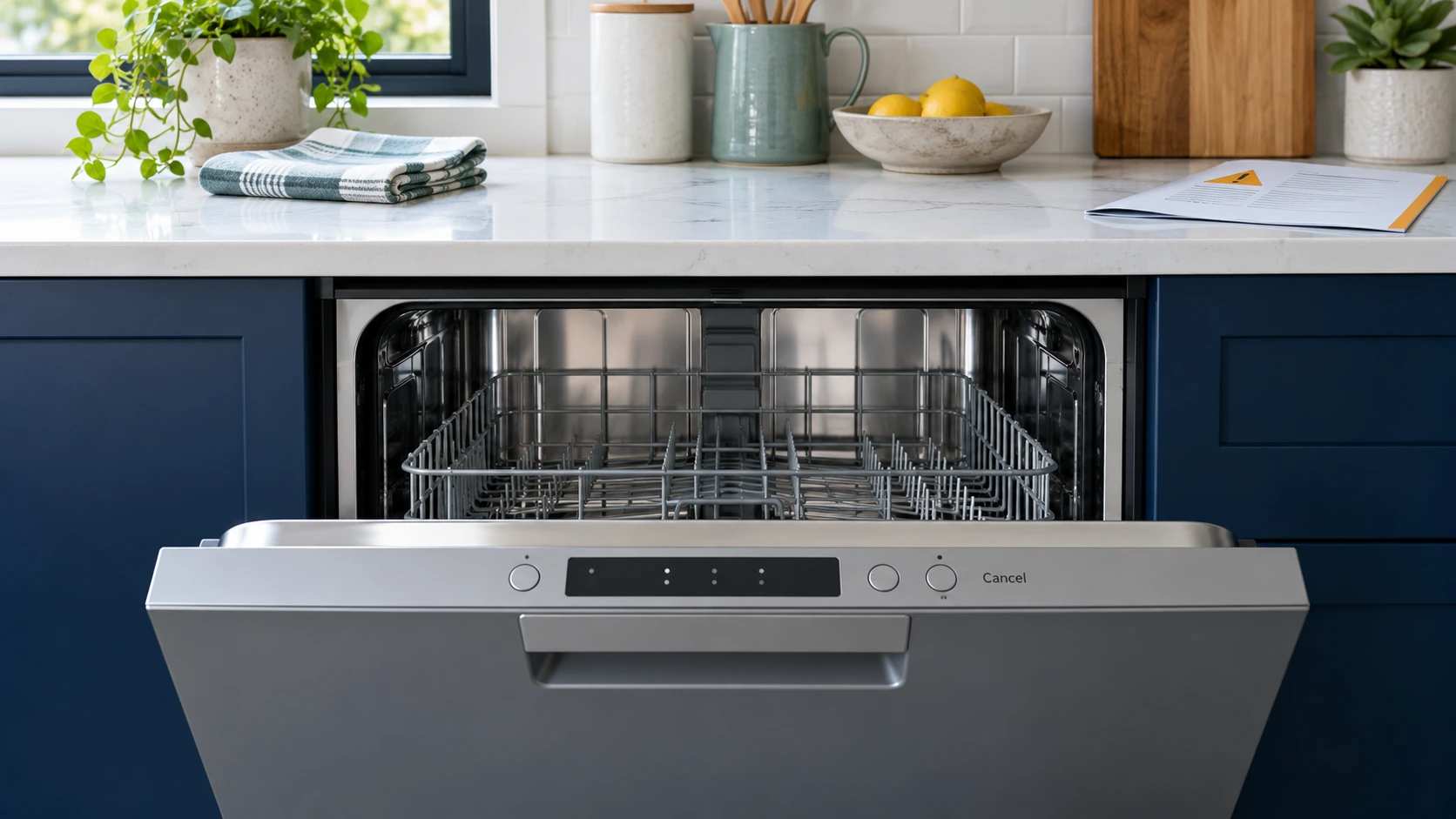 Dishwasher control strip with a plain Cancel label above a slightly open door