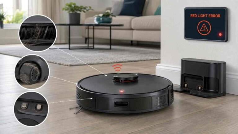 Robot vacuum showing a flashing red warning light near its dock