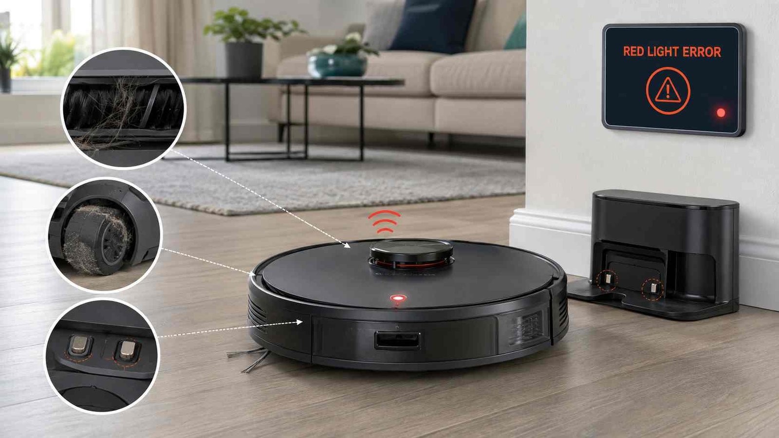 Robot vacuum showing a flashing red warning light near its dock