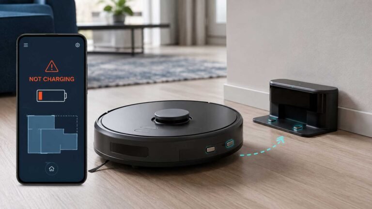 Robot vacuum beside charging dock with low battery warning