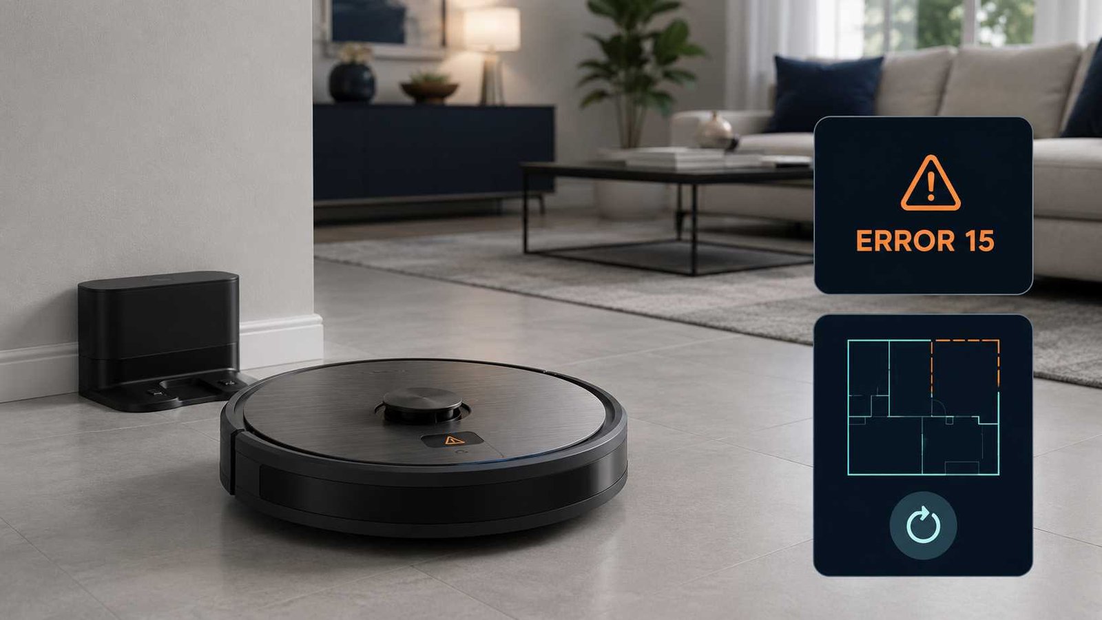 Robot vacuum showing Error 15 beside a Smart Map display