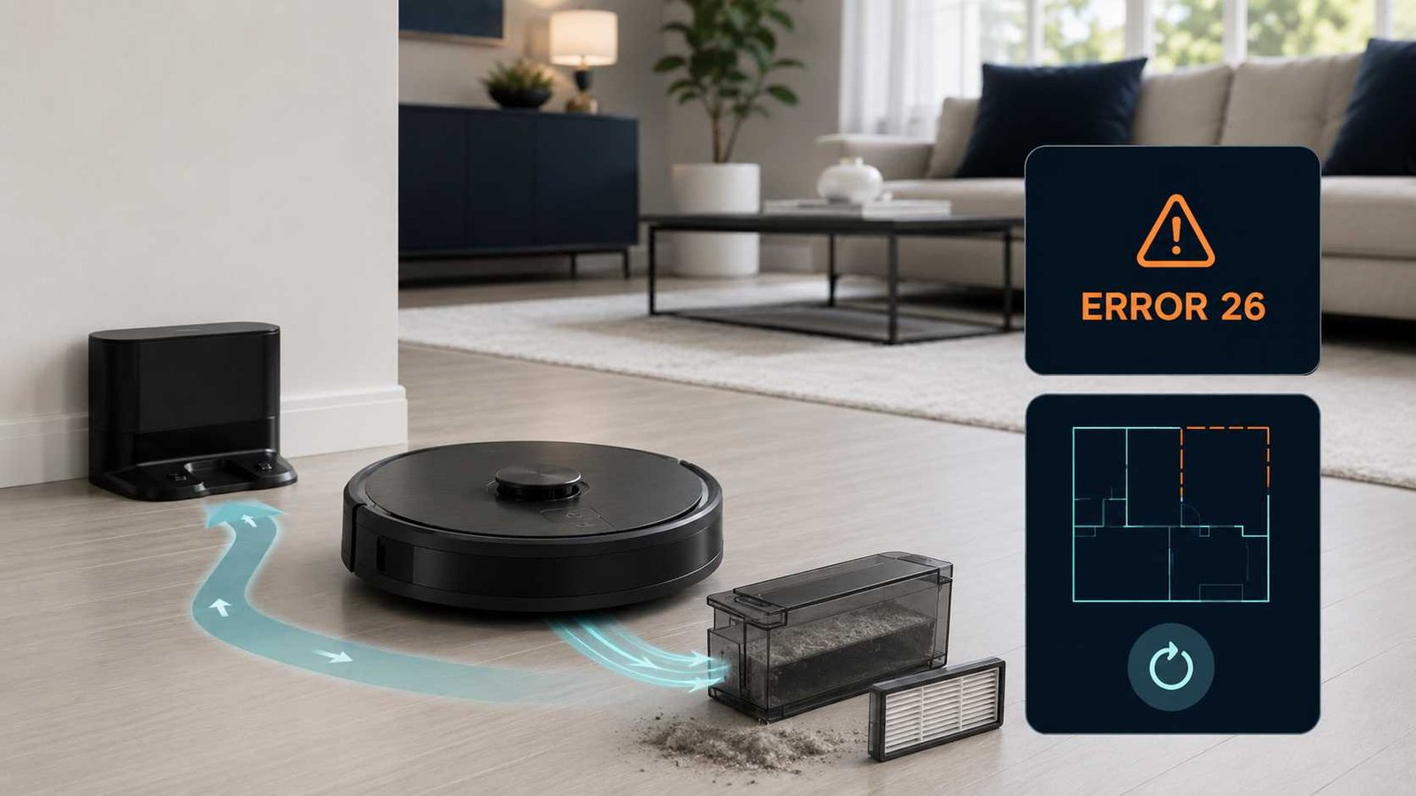 Robot vacuum showing Error 26 beside a dusty bin filter
