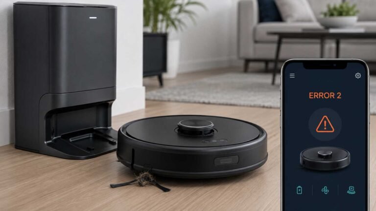 Robot vacuum showing an error code beside its charging dock