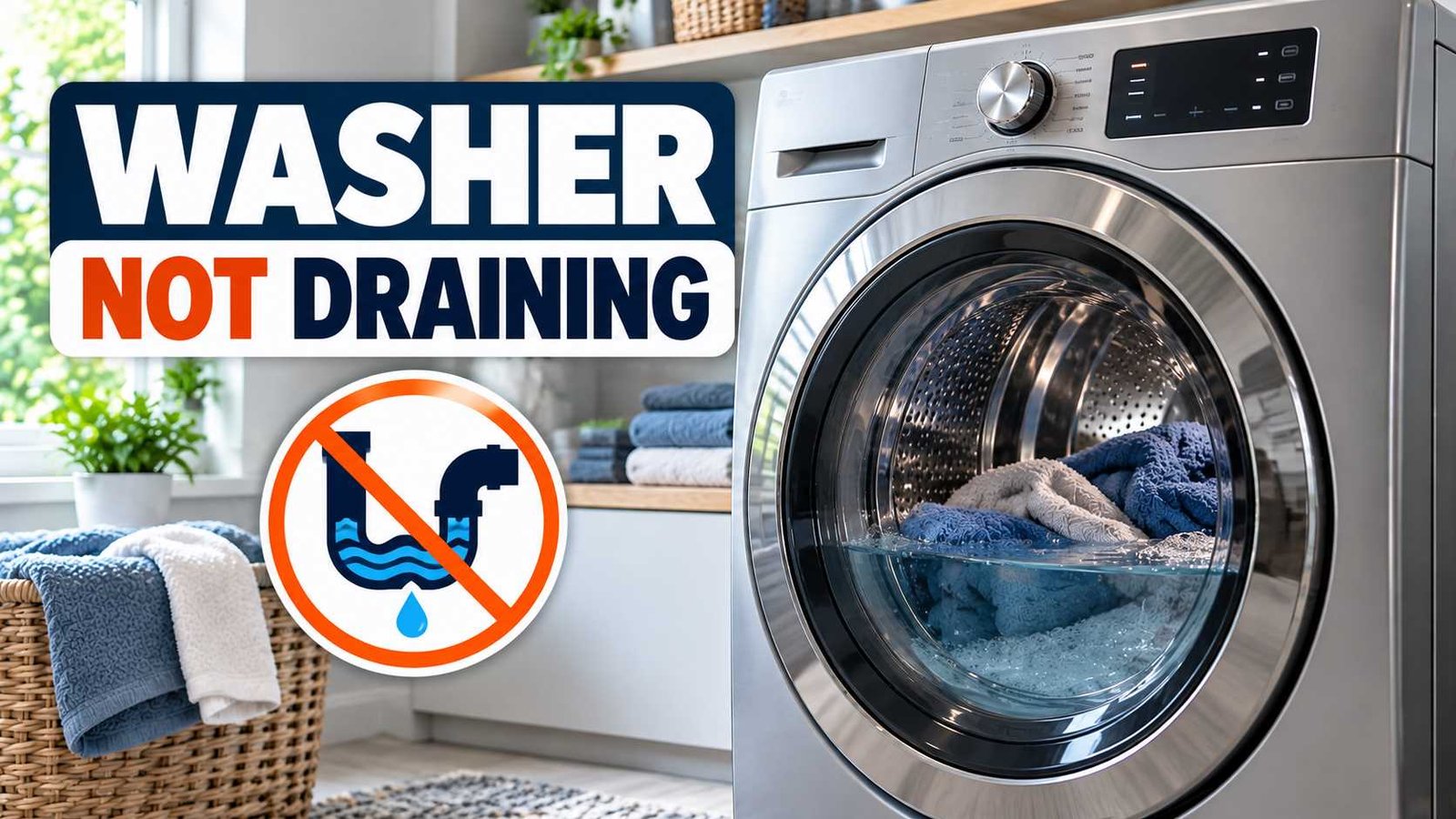 Front-loading washer with standing water and clothes inside the drum