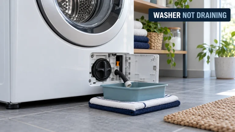 Front-loading washer with lower filter access open and an emergency drain hose positioned above a shallow container.