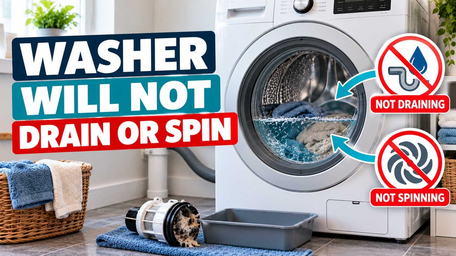 Front-loading washer with standing water, wet laundry, and a debris-filled pump filter.