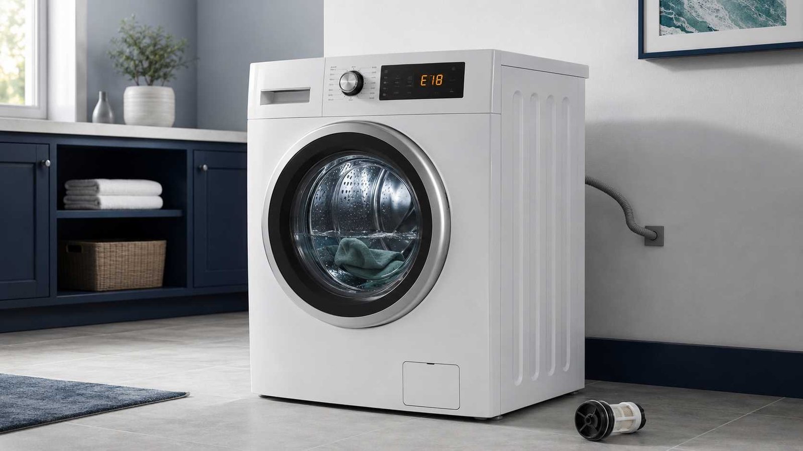 Front-loading washer displaying E18 with a restricted drain hose