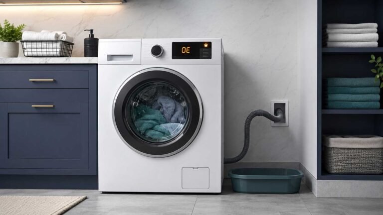 Front-loading washer displaying OE beside a drain filter and hose