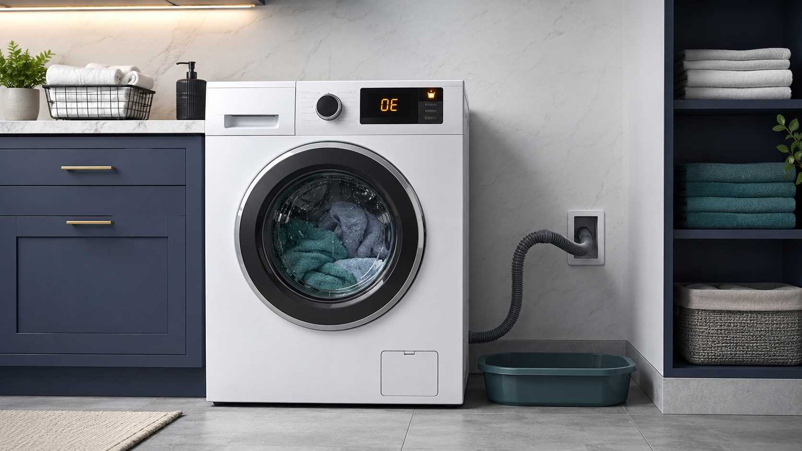 Front-loading washer displaying OE beside a drain filter and hose